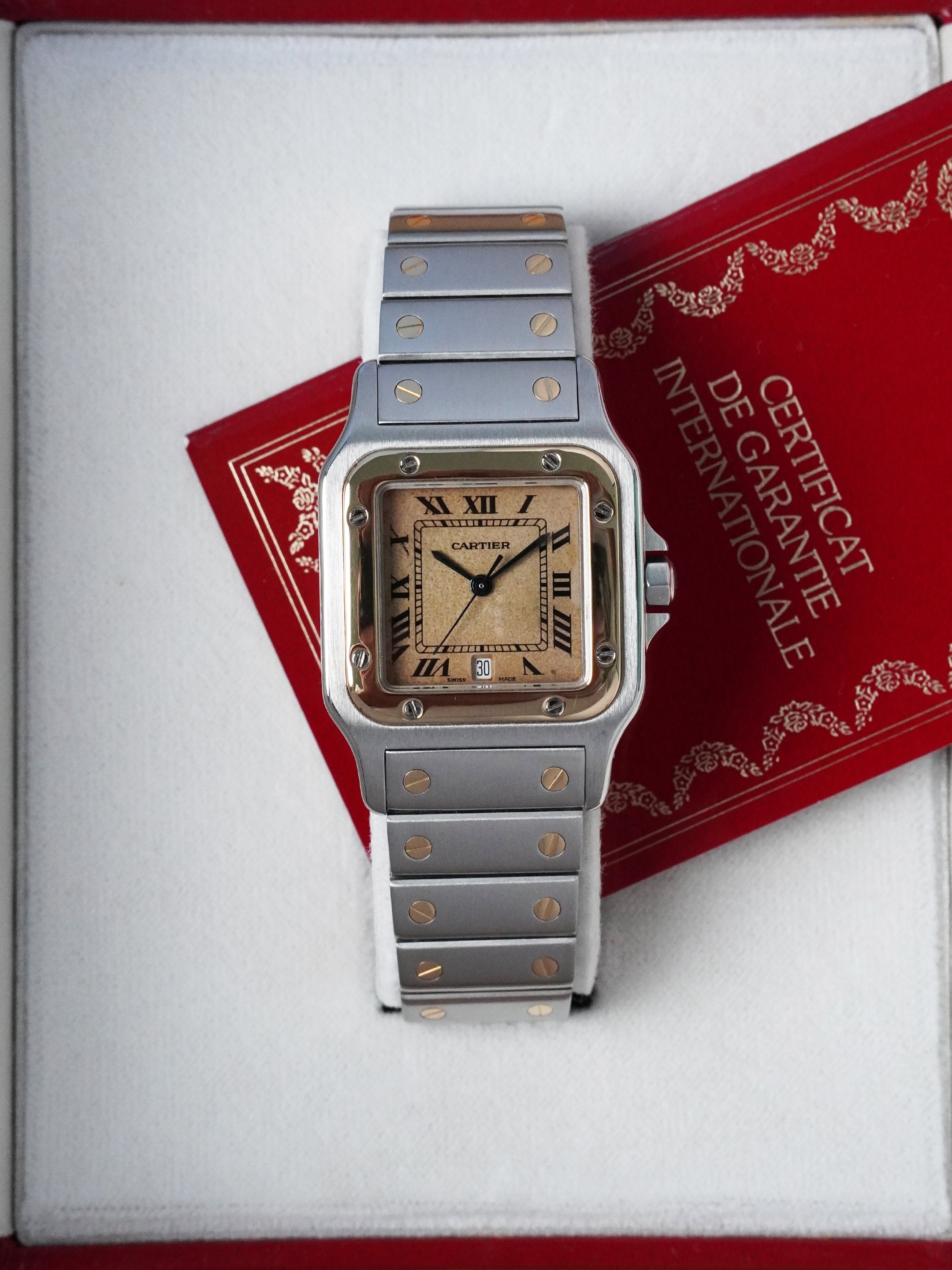 Cartier Santos Galbée 187901 - Steel/Gold, Tropical Dial, Quartz, Full Set (1993)
