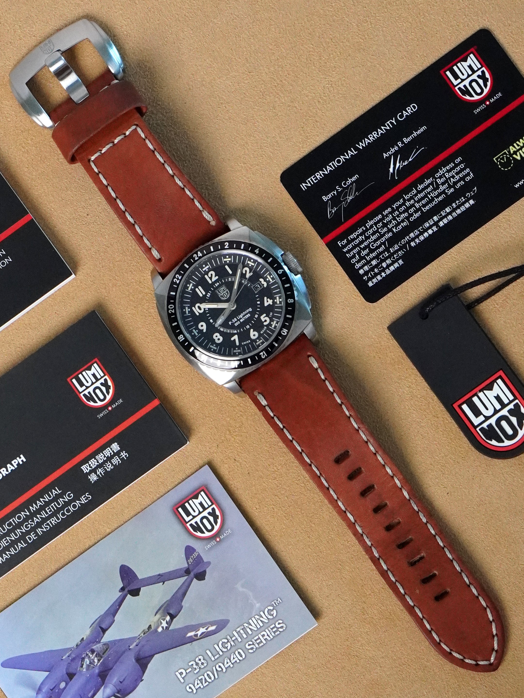 Luminox P-38 Lightning GMT XA.9427 - Stainless Steel, Black Dial, Quartz, Full Set (2015)