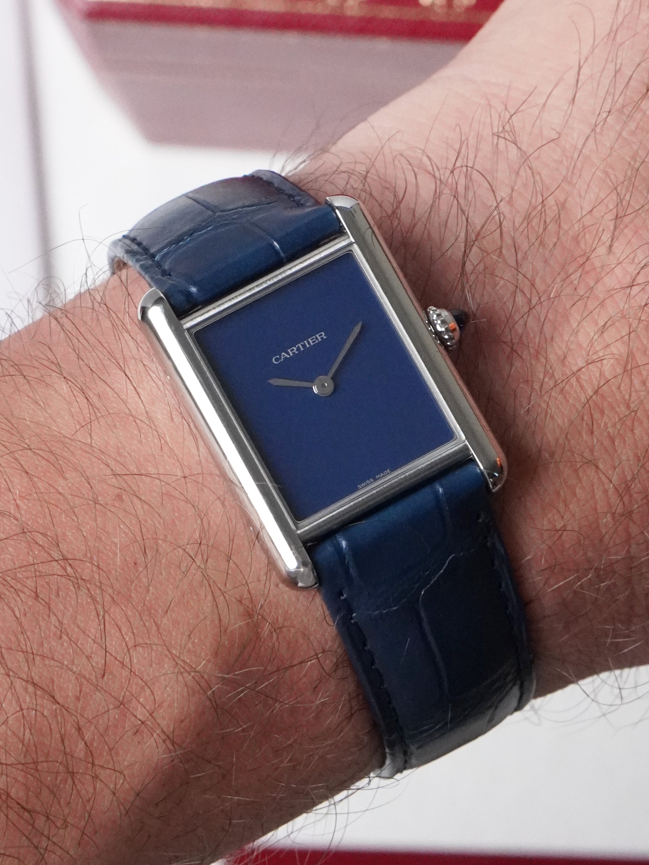 Cartier Tank Must Blue Large WSTA0055 / 4323 - Stainless Steel, Blue Dial, Quartz, Full Set (2022)