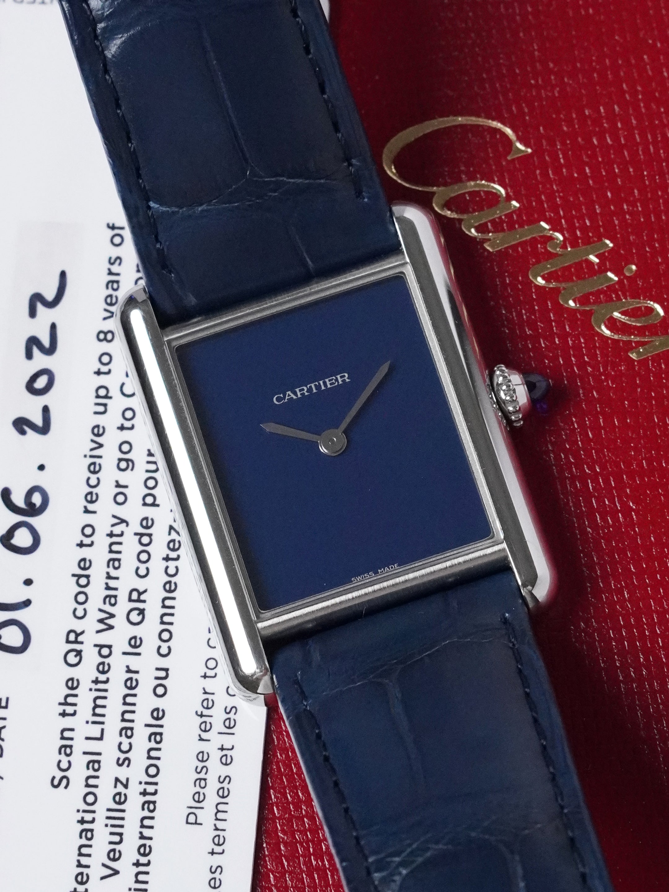 Cartier Tank Must Blue Large WSTA0055 / 4323 - Stainless Steel, Blue Dial, Quartz, Full Set (2022)