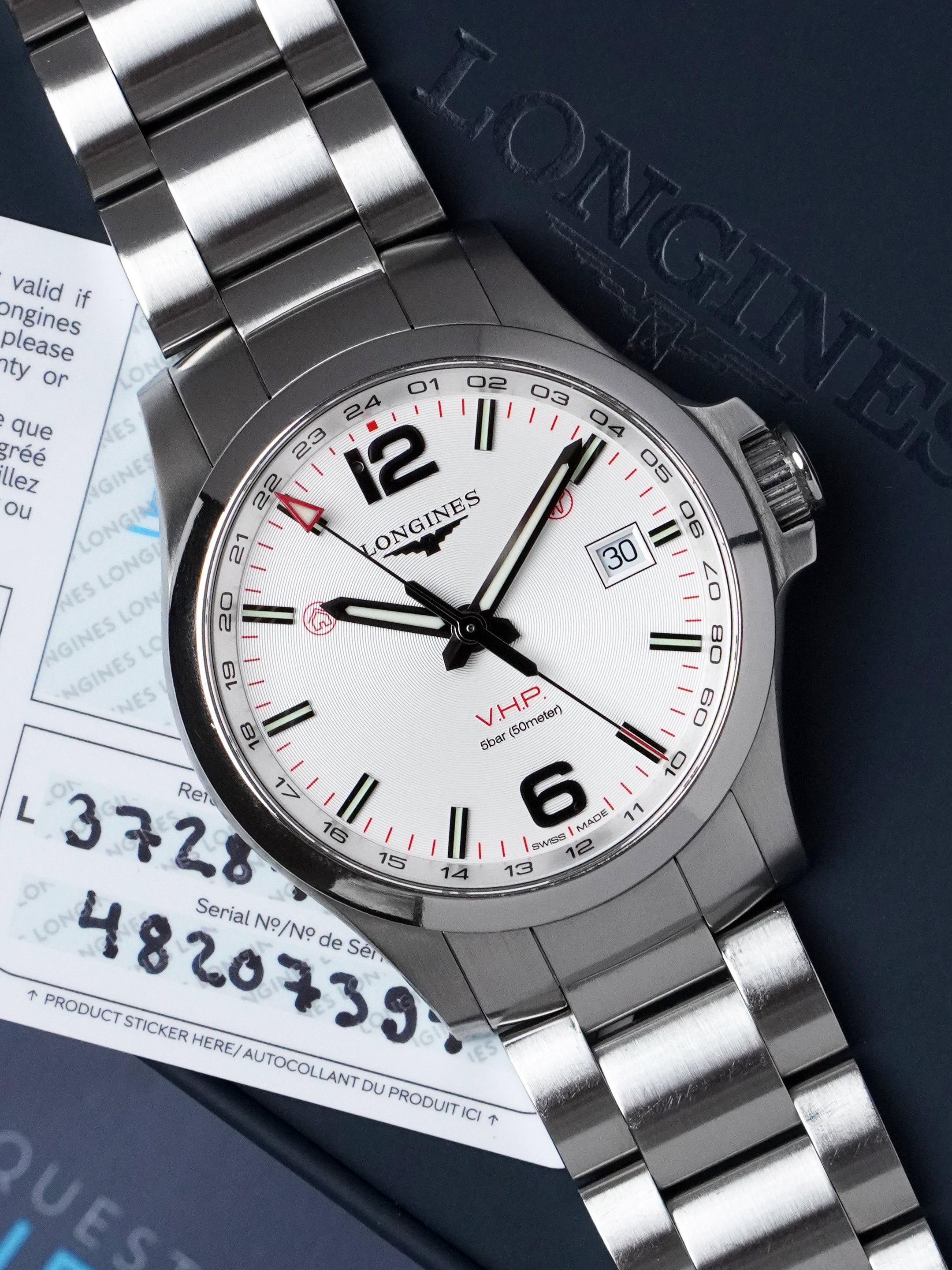 Longines Conquest V.H.P. GMT L3.728.4.76.6 - Stainless Steel, White Dial, Full Set (2022)