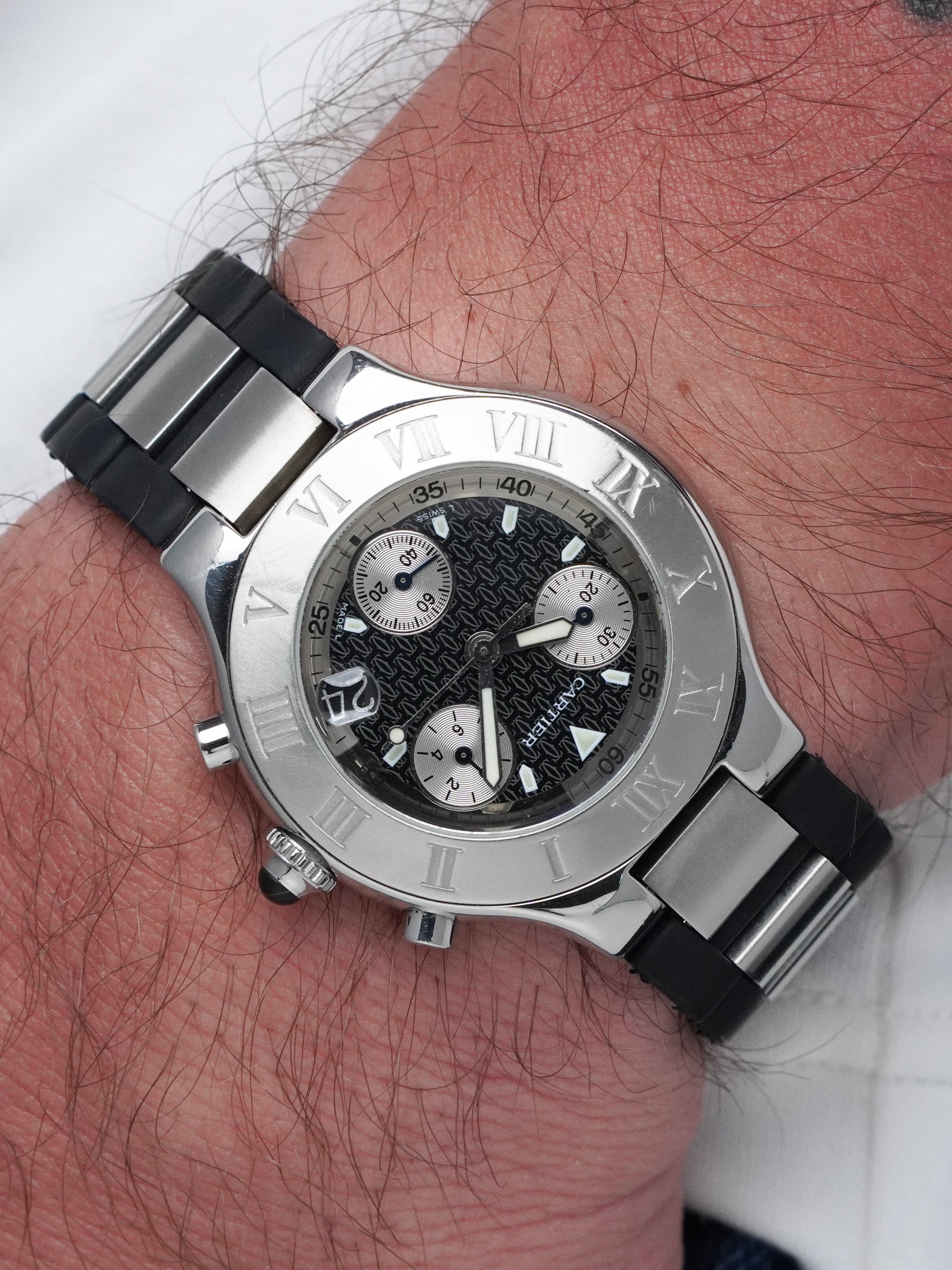 Cartier 21 Chronoscaph 2424 - Stainless Steel, Black Dial, Quartz, Original Box (2000*)