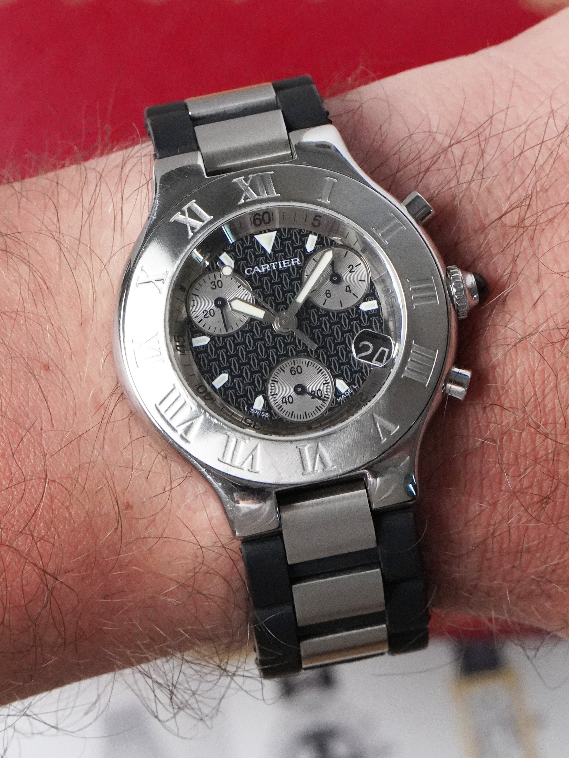 Cartier 21 Chronoscaph 2424 - Stainless Steel, Black Dial, Quartz, Original Box (2000*)