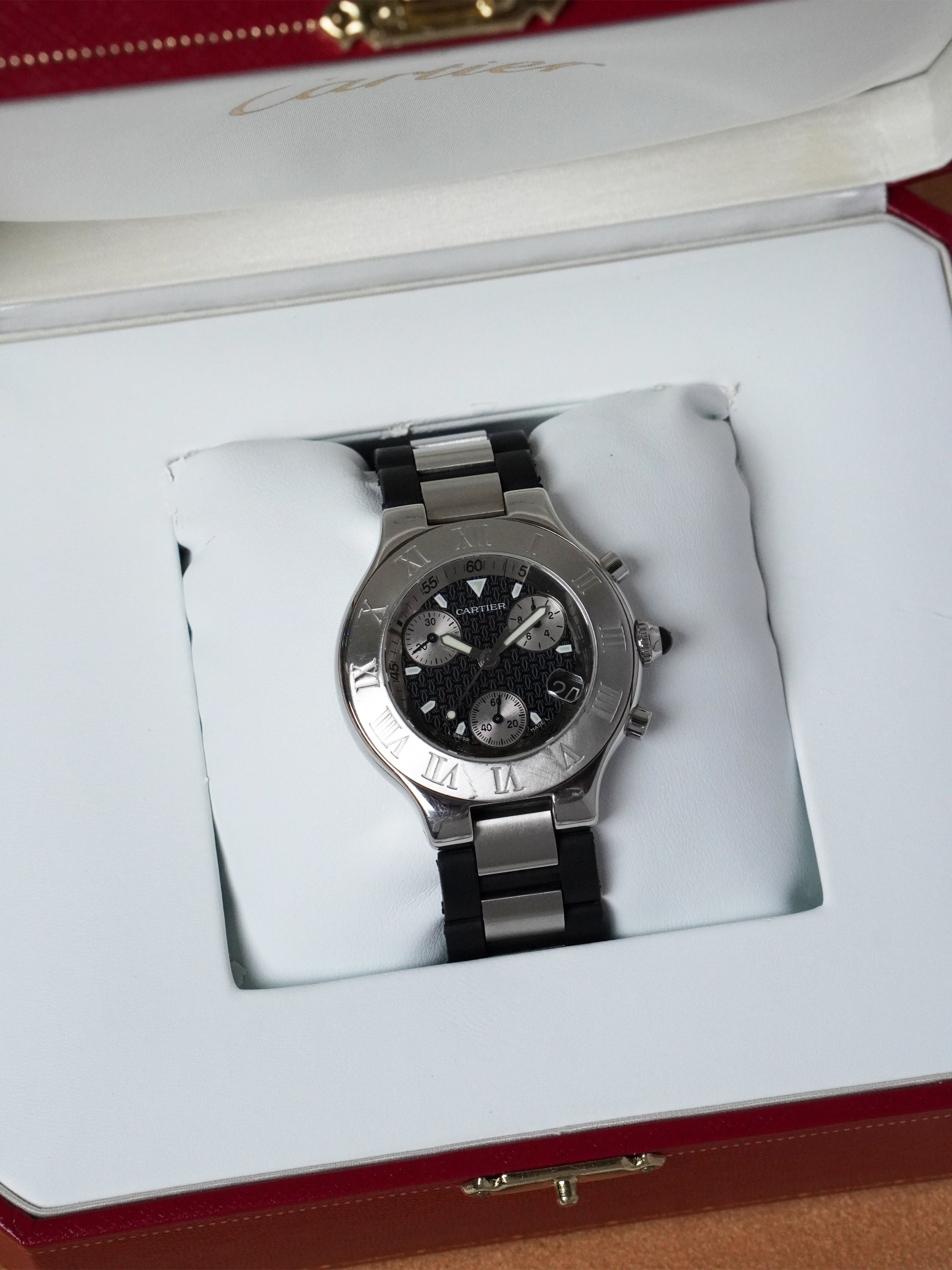 Cartier 21 Chronoscaph 2424 - Stainless Steel, Black Dial, Quartz, Original Box (2000*)
