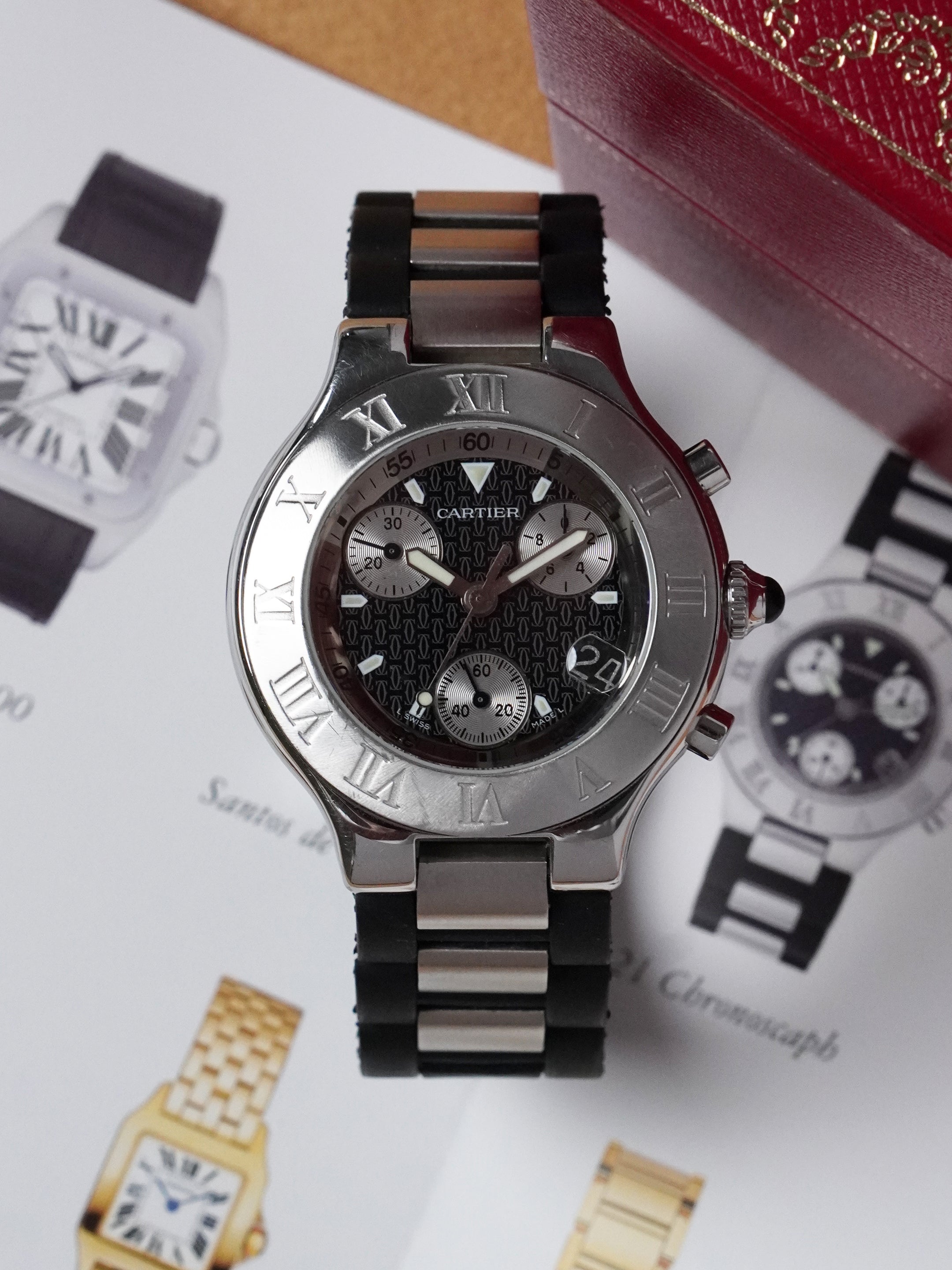 Cartier 21 Chronoscaph 2424 - Stainless Steel, Black Dial, Quartz, Original Box (2000*)