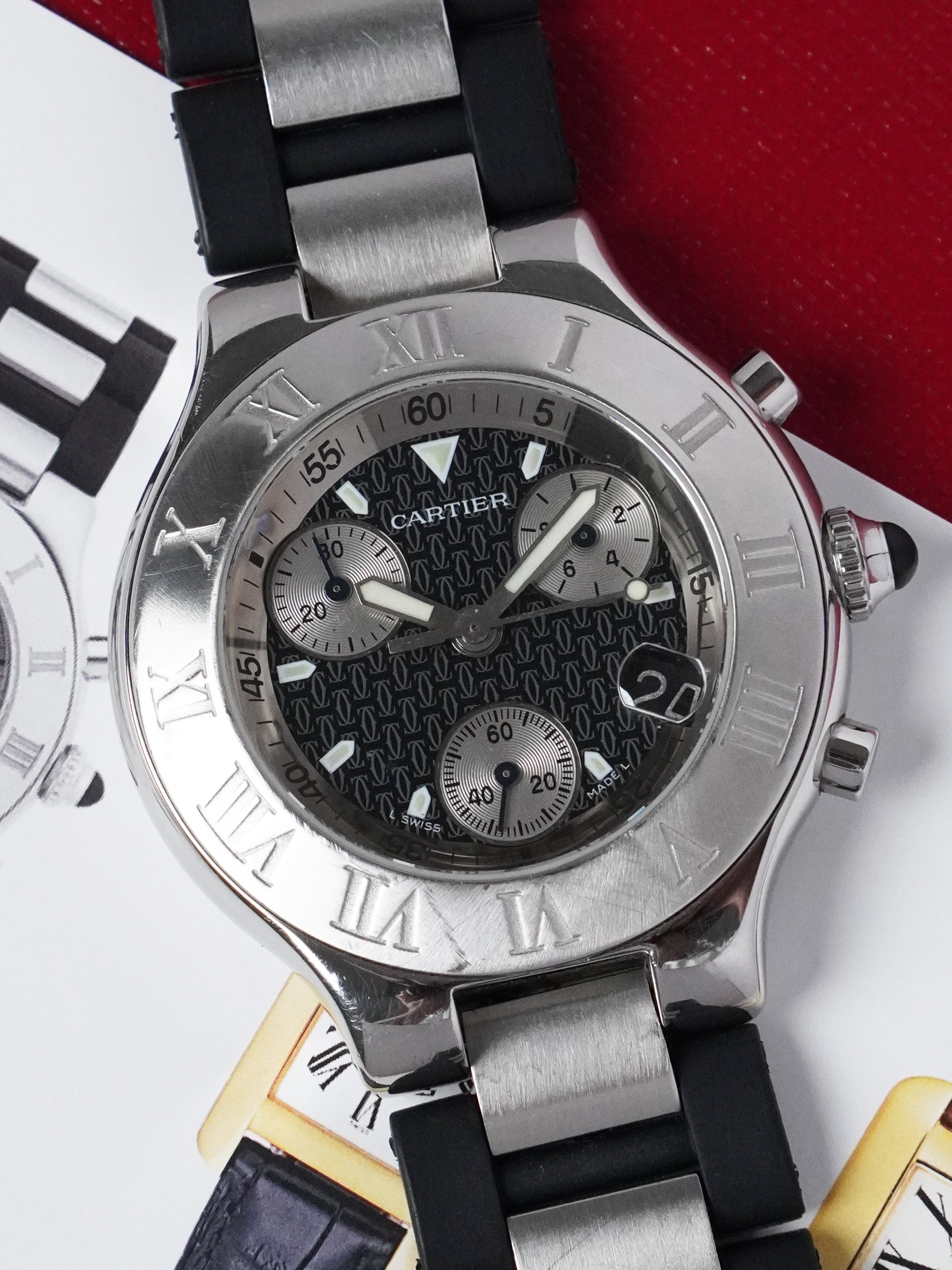 Cartier 21 Chronoscaph 2424 - Stainless Steel, Black Dial, Quartz, Original Box (2000*)