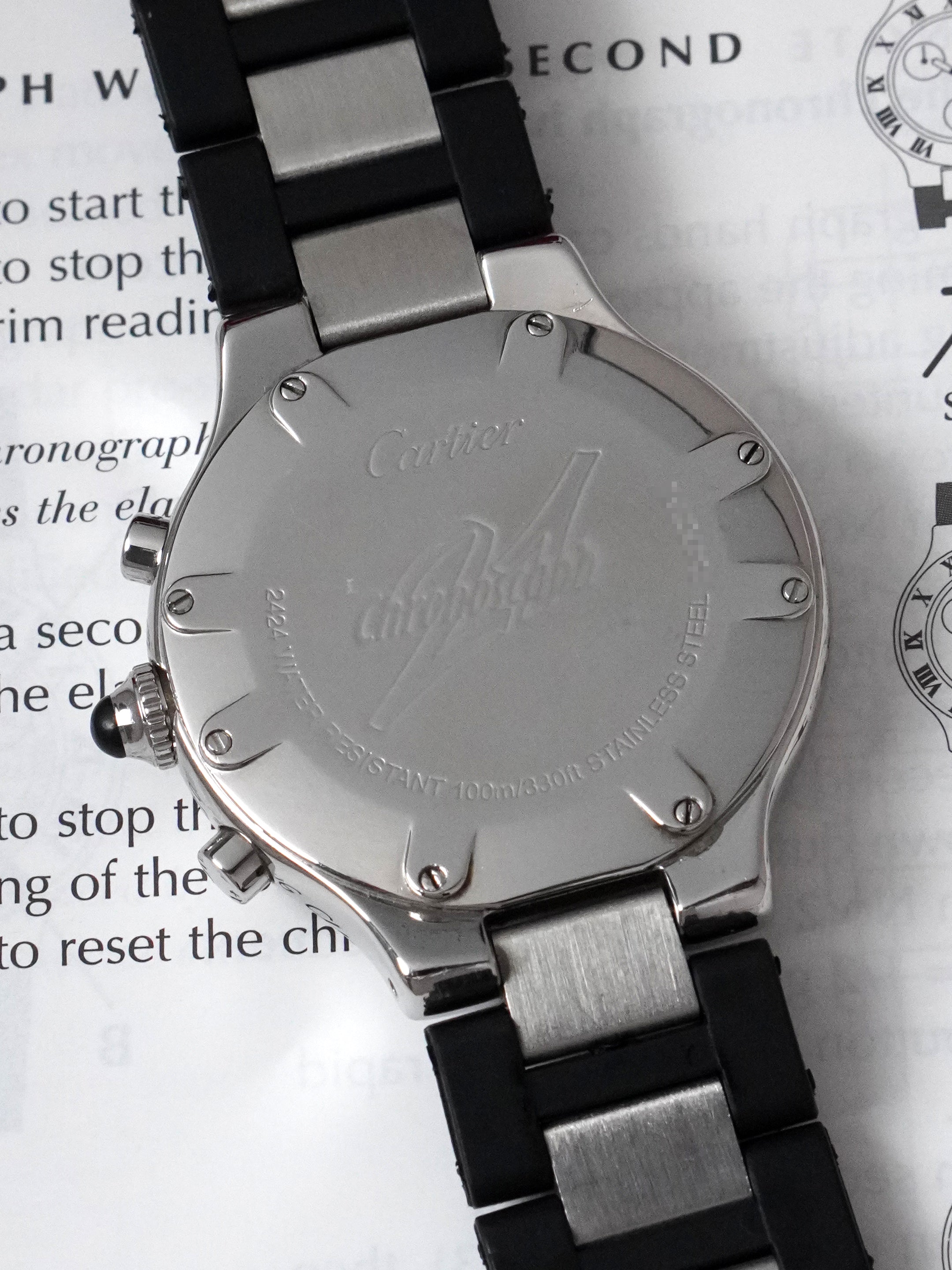 Cartier 21 Chronoscaph 2424 - Stainless Steel, Black Dial, Quartz, Original Box (2000*)