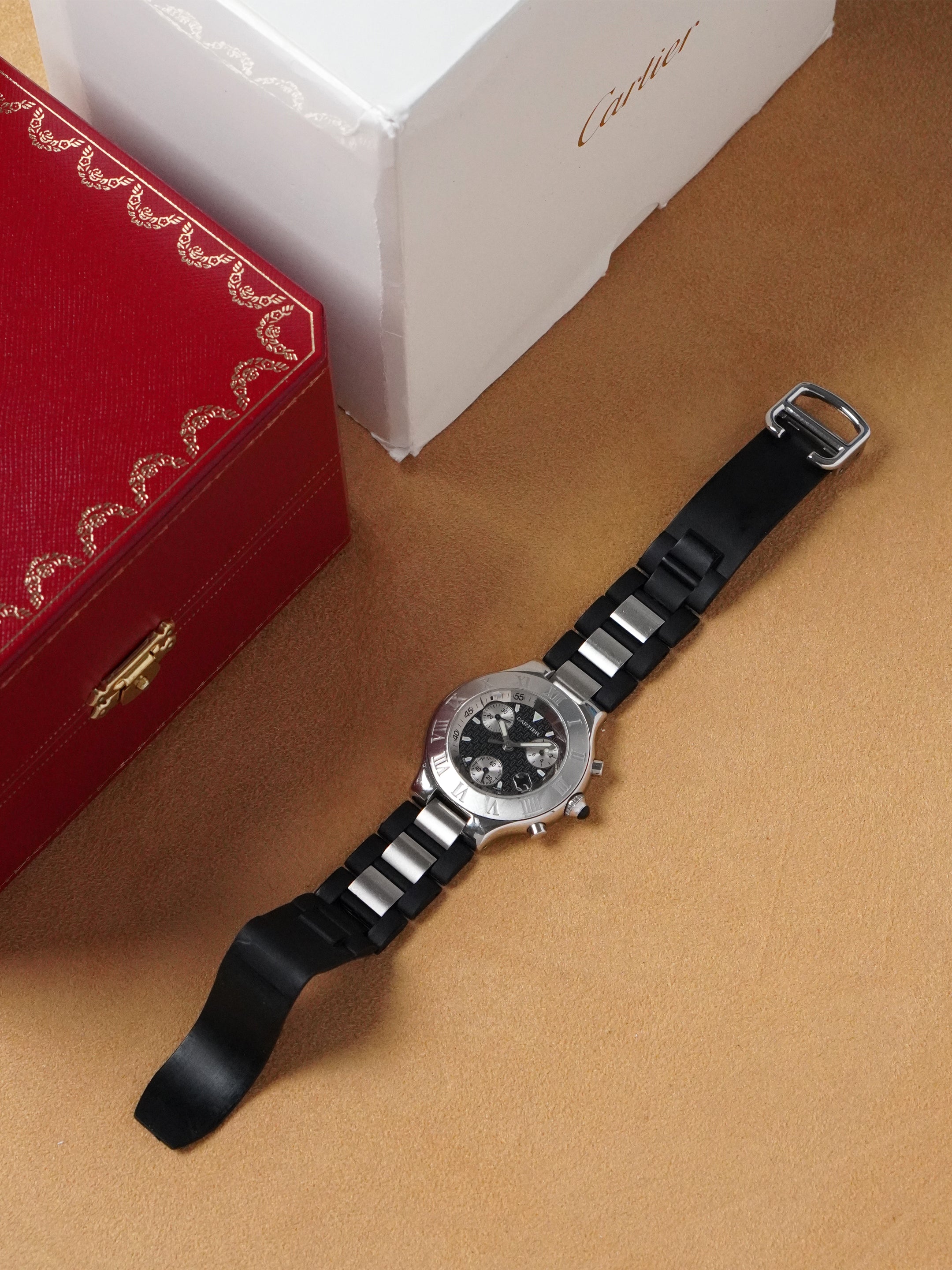 Cartier 21 Chronoscaph 2424 - Stainless Steel, Black Dial, Quartz, Original Box (2000*)